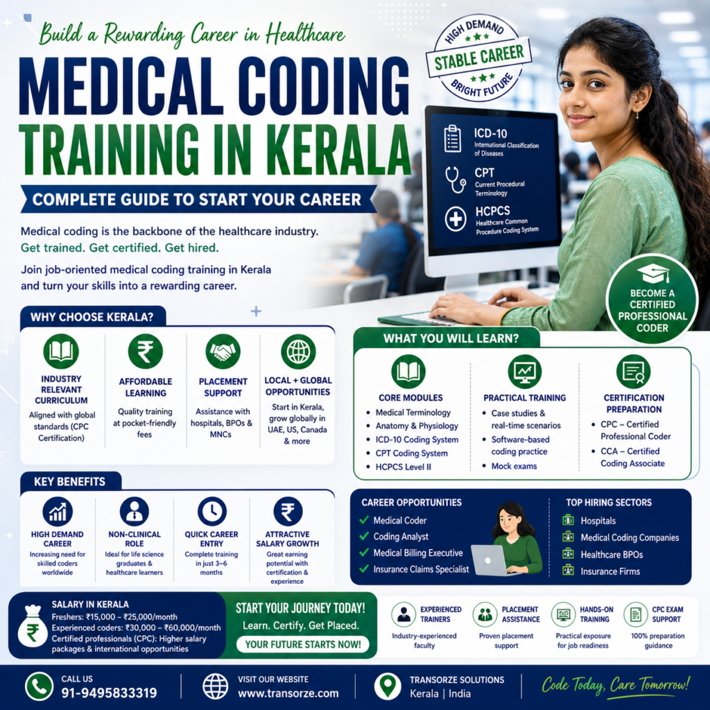Medical Coding Training in Kerala poster highlighting course details, ICD-10, CPT, HCPCS modules, career opportunities, salary, and placement support with contact number