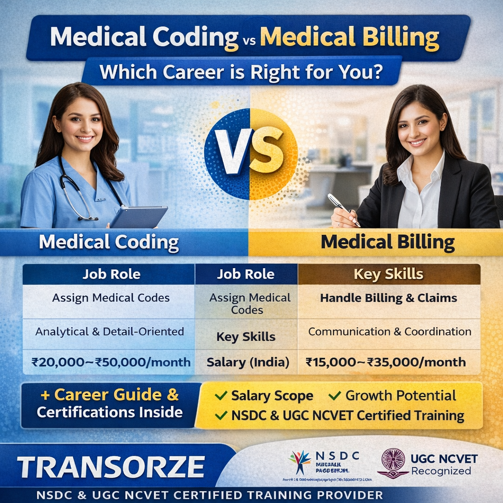 Medical Coding vs Medical Billing comparison infographic showing job roles, skills, salary in India, and career scope with Transorze NSDC and UGC NCVET certified training