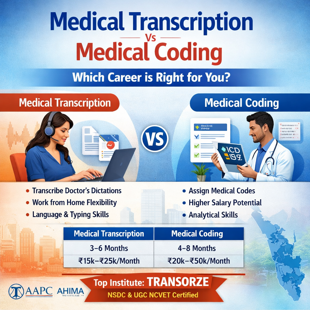 Medical Transcription vs Medical Coding infographic comparing salary, course duration, skills, and career scope in Kerala, featuring NSDC and UGC NCVET certified training by Transorze.