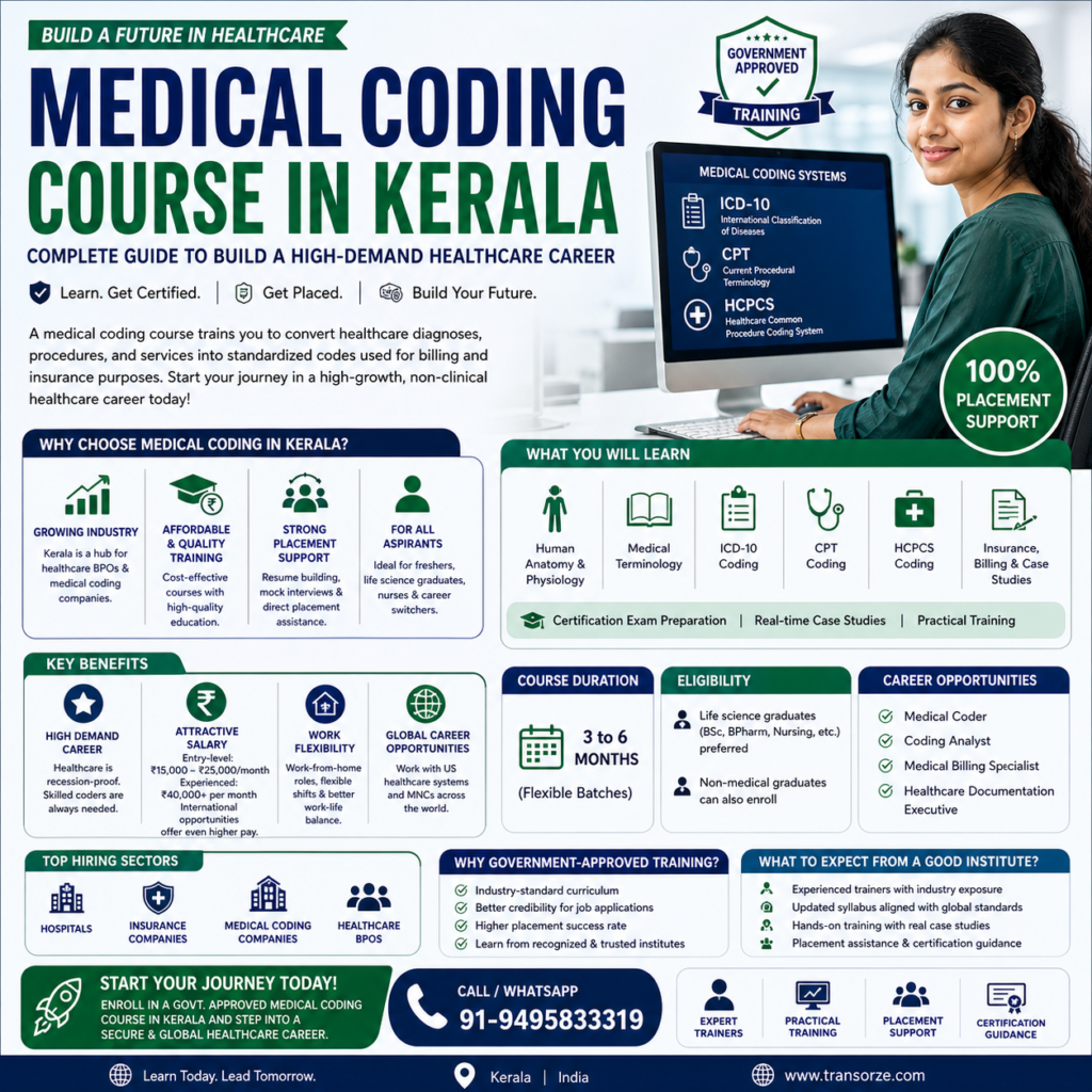 Medical coding course in Kerala poster featuring course modules, ICD-10, CPT, HCPCS training, placement support, salary details, and contact number for enrollment