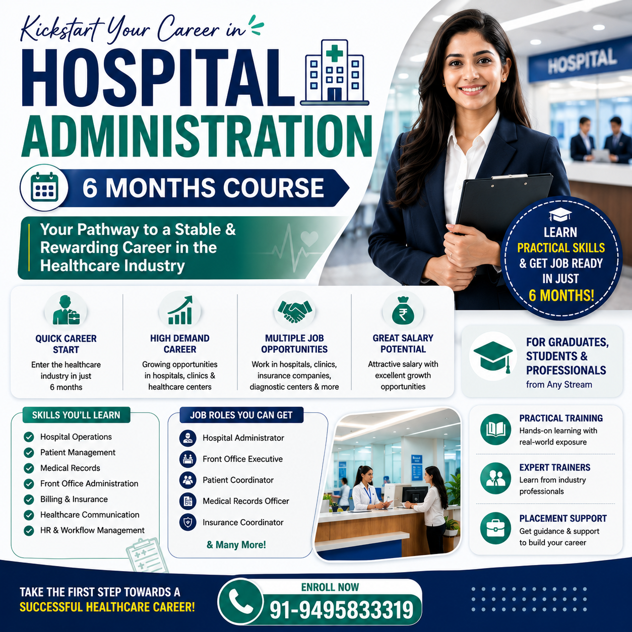 Creative promotional poster for a 6 Months Hospital Administration Course featuring healthcare career opportunities, practical training highlights, job roles