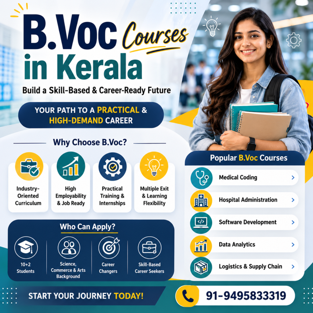 Creative promotional poster for B.Voc Courses in Kerala featuring career-oriented vocational programs, practical training benefits, popular course options