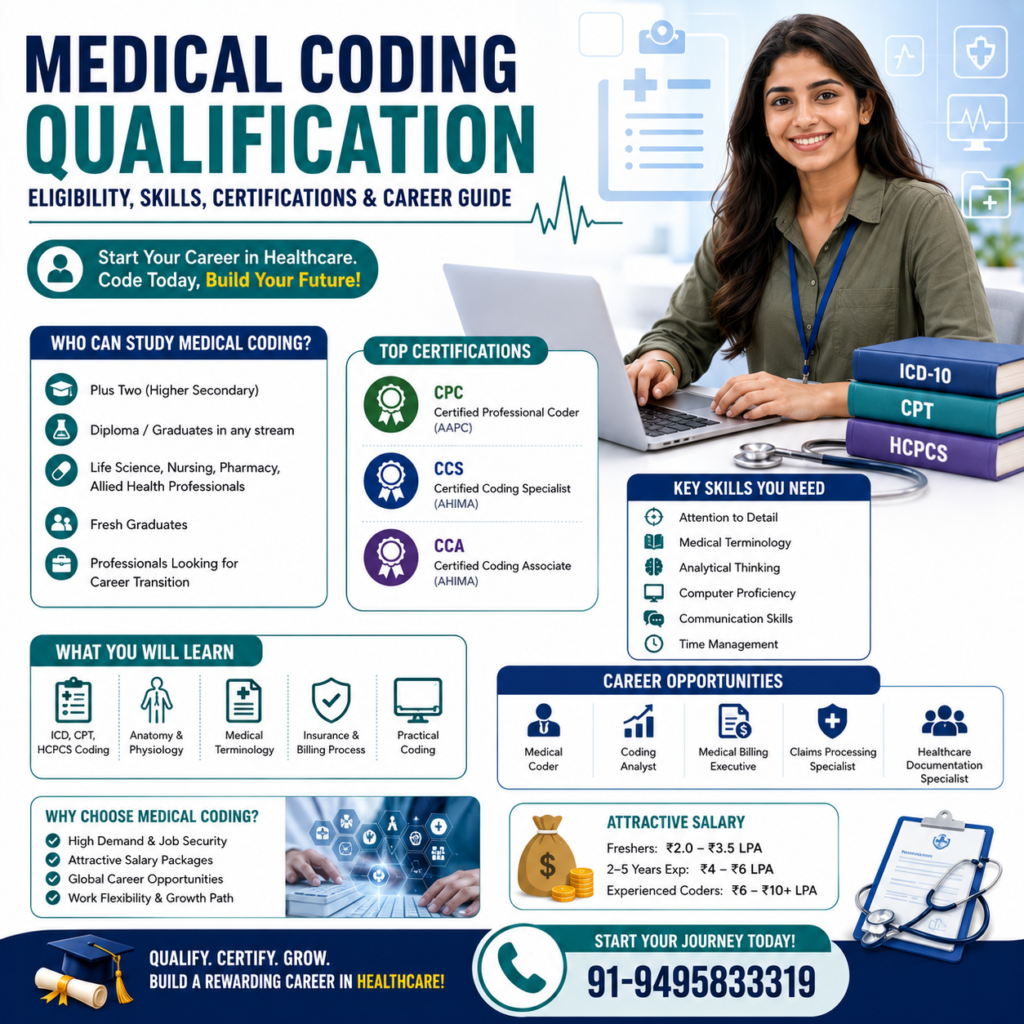 Creative infographic poster about Medical Coding Qualification featuring eligibility, certifications, coding skills, career opportunities, salary details