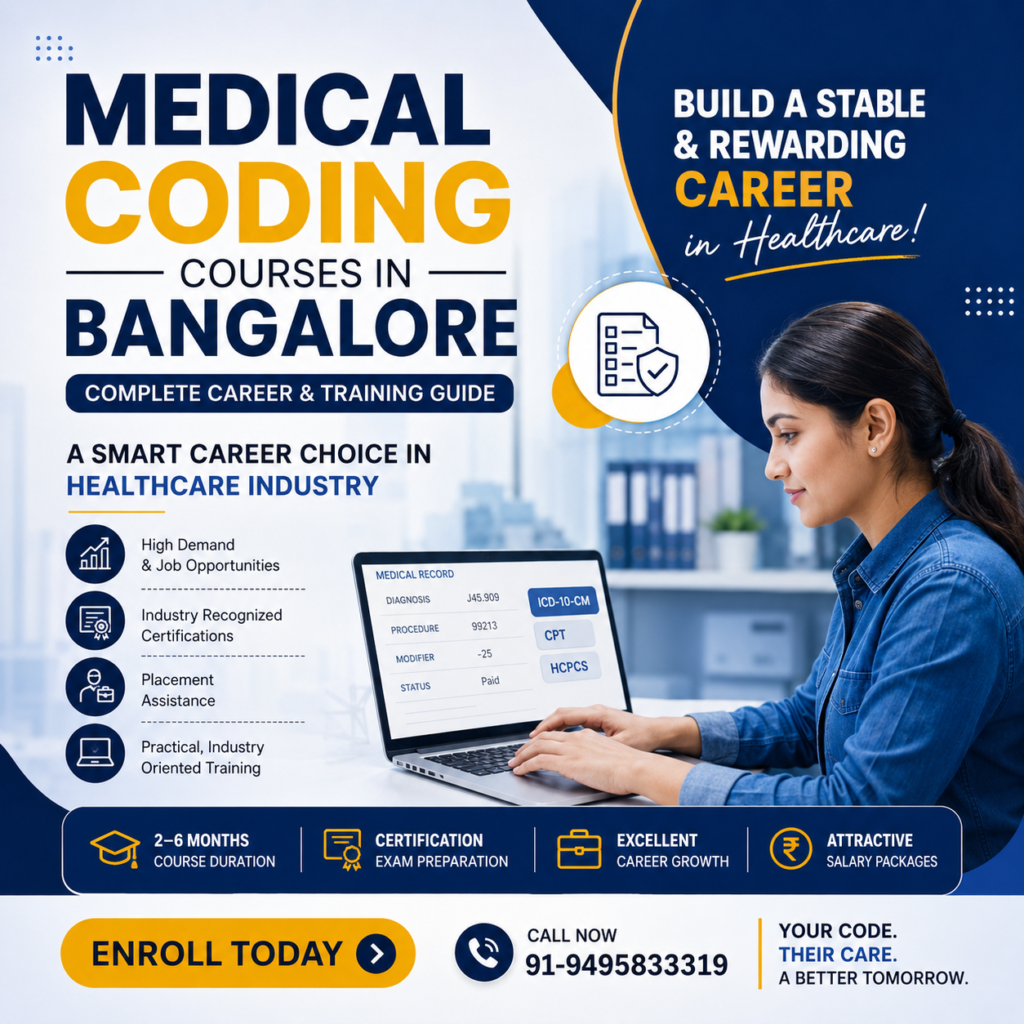 Creative promotional poster for Medical Coding Courses in Bangalore featuring a healthcare professional working on medical coding software, with highlights including certification training, placement assistance, and career growth opportunities.