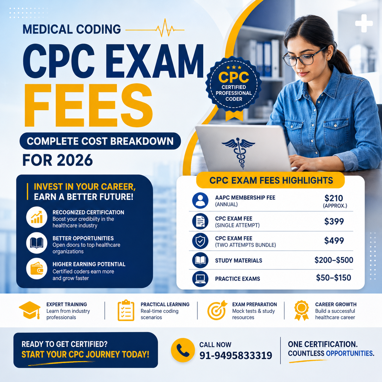 Professional promotional poster for Medical Coding CPC Exam Fees 2026 featuring CPC certification cost breakdown, AAPC membership fees, exam preparation details, and healthcare career opportunities with contact number 91-9495833319.