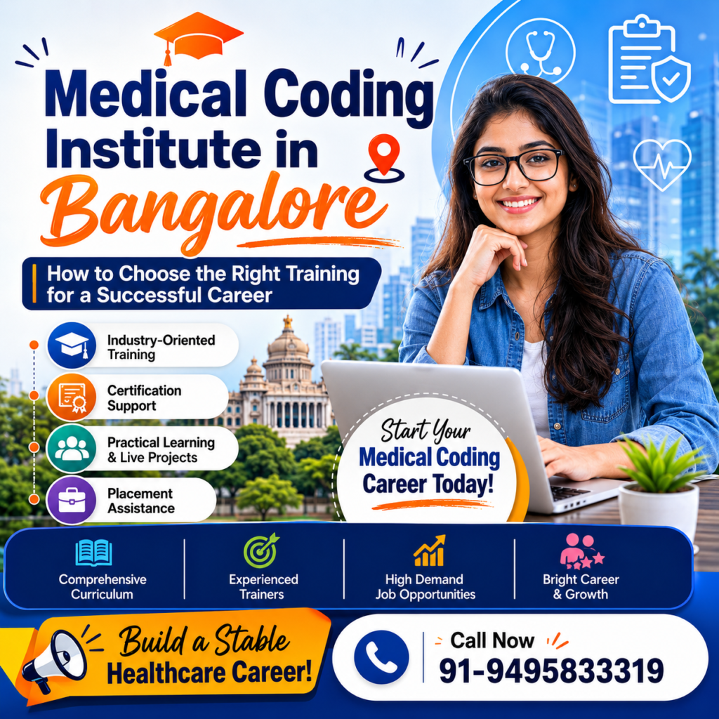 Creative promotional poster for Medical Coding Institute in Bangalore featuring healthcare career training, certification support, placement assistance, and medical coding course opportunities