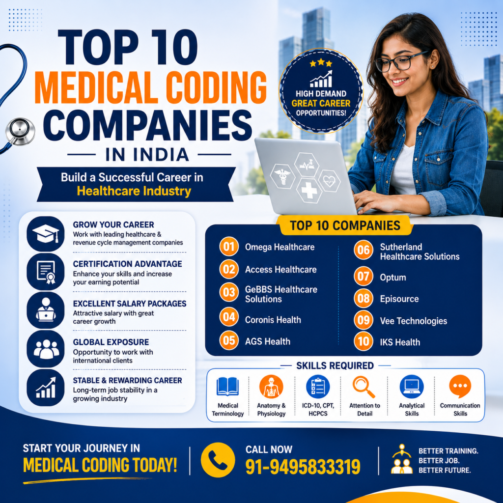 Creative educational poster for Top 10 Medical Coding Companies in India featuring healthcare career opportunities, leading medical coding employers, certification training, placement support, and contact number 91-9495833319.