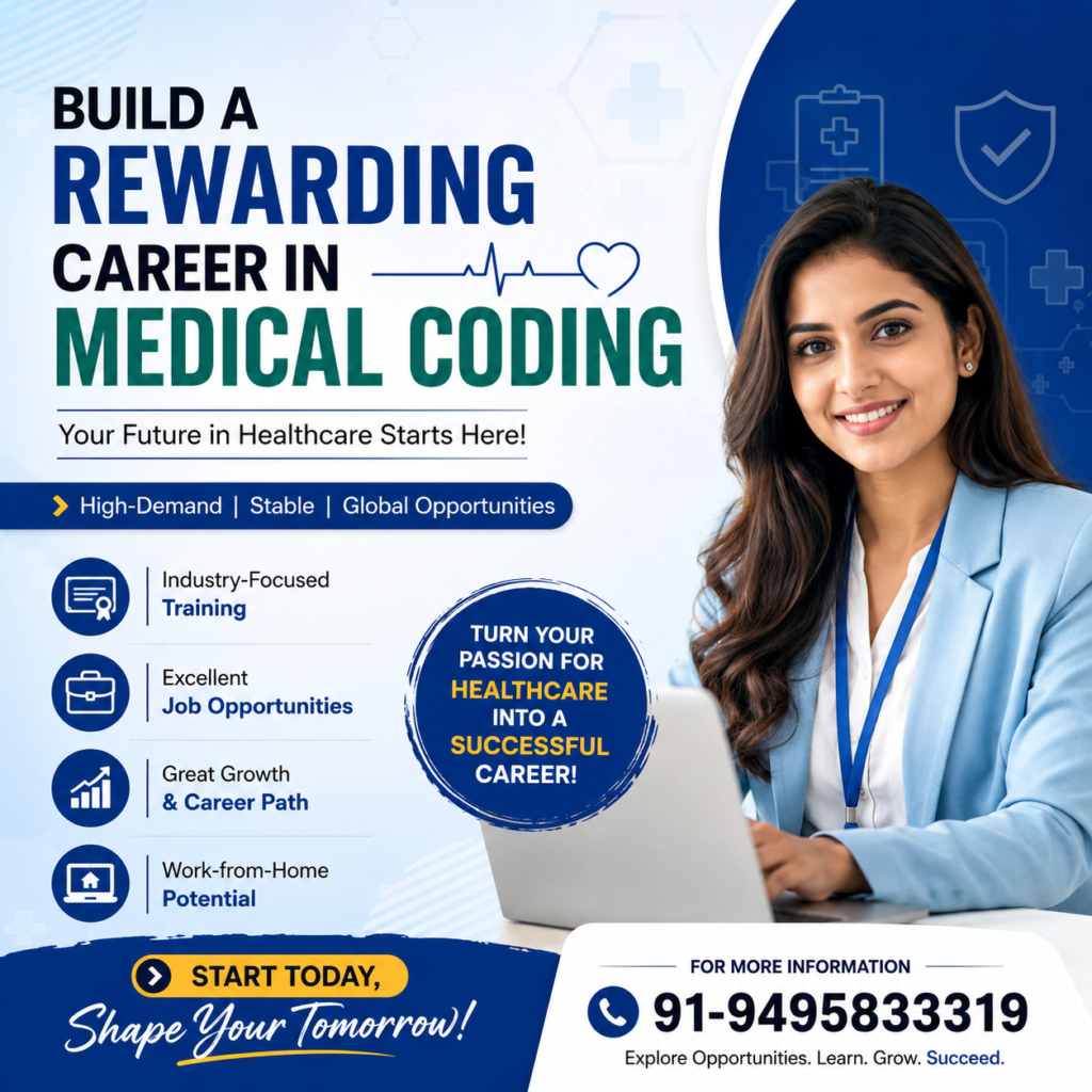 Creative promotional poster for a Medical Coding Company in Kochi featuring healthcare professionals, medical coding concepts, career opportunities, and training information with contact number 91-9495833319.