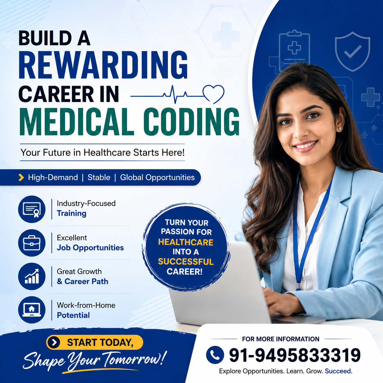 Creative promotional poster for a Medical Coding Company in Kochi featuring healthcare professionals, medical coding concepts, career opportunities, and training information with contact number 91-9495833319.