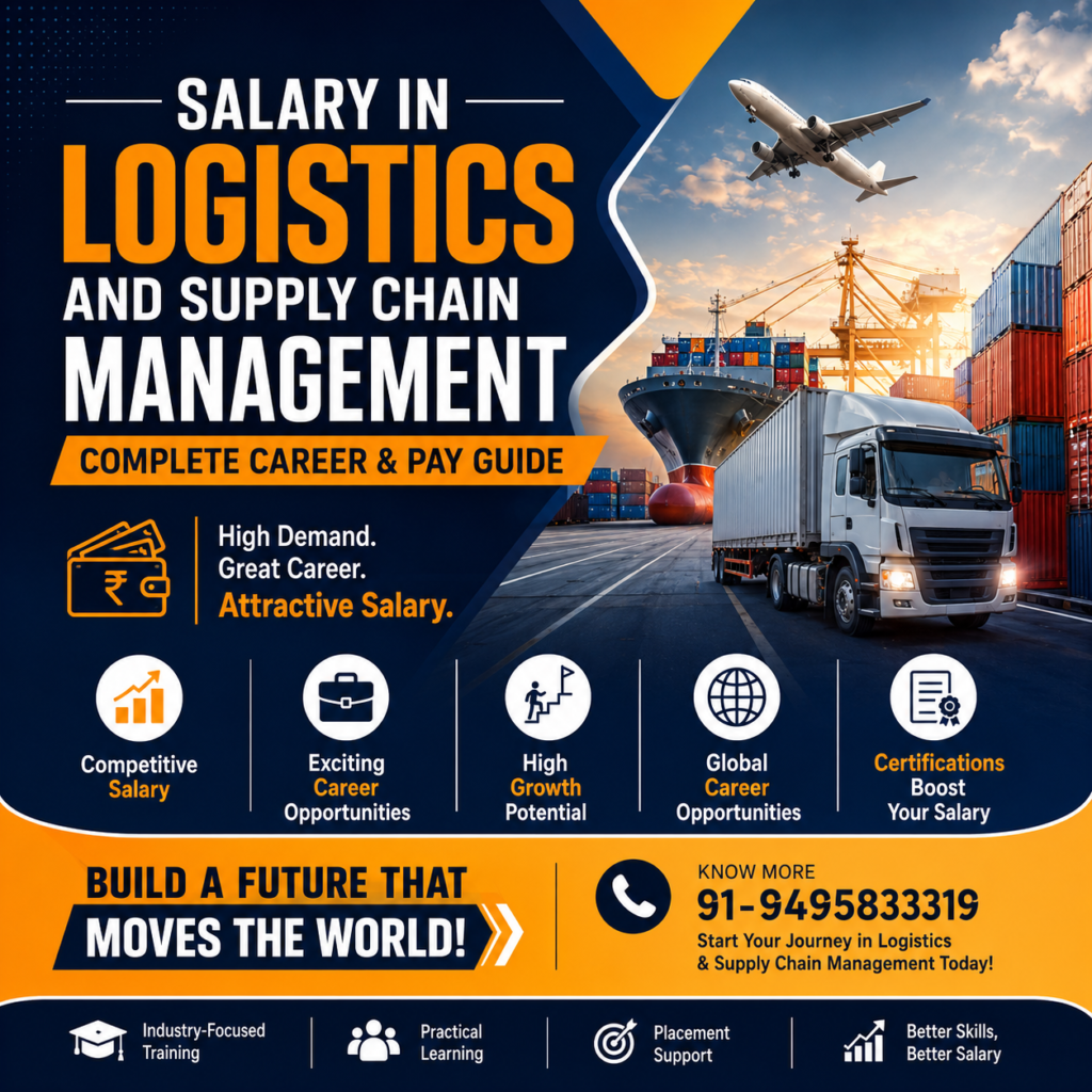 Creative promotional poster for Salary in Logistics and Supply Chain Management featuring cargo containers, truck, cargo ship, and airplane with career growth highlights, attractive salary opportunities, and contact number 91-9495833319.