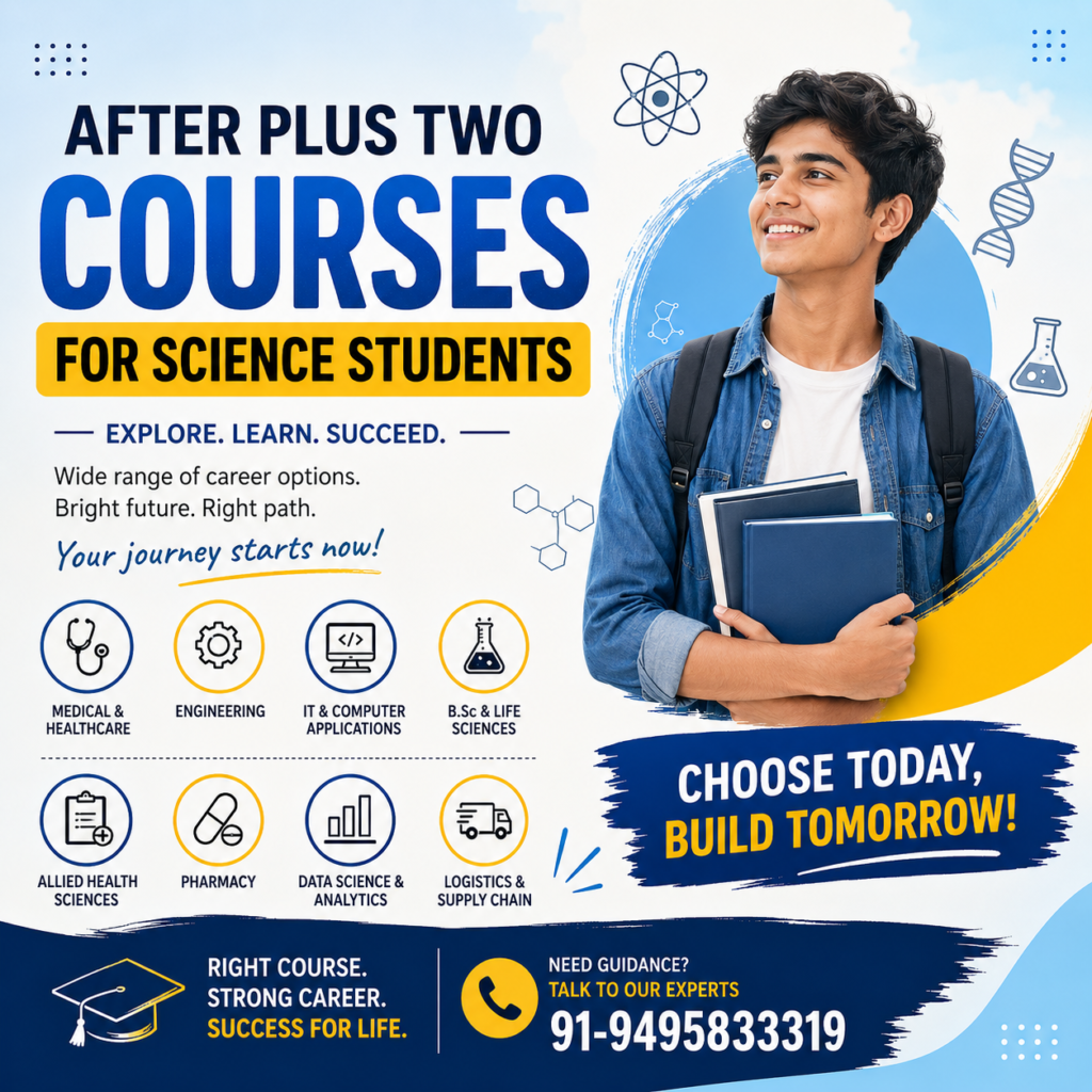Creative educational poster for after Plus Two courses for science students featuring career options like engineering, medical courses, IT, pharmacy, data science, logistics, and allied health sciences with career guidance contact number 91-9495833319.