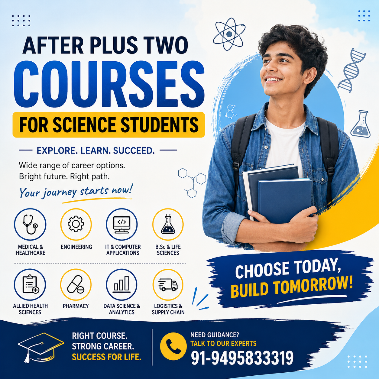 Creative educational poster for after Plus Two courses for science students featuring career options like engineering, medical courses, IT, pharmacy, data science, logistics, and allied health sciences with career guidance contact number 91-9495833319.