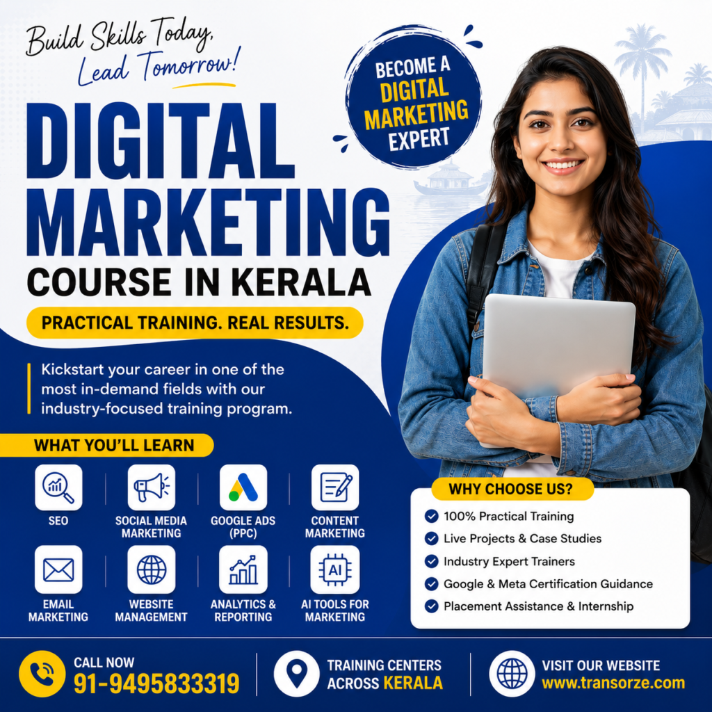 Digital marketing course in Kerala promotional poster featuring practical SEO, Google Ads, social media marketing, AI tools training, and placement assistance