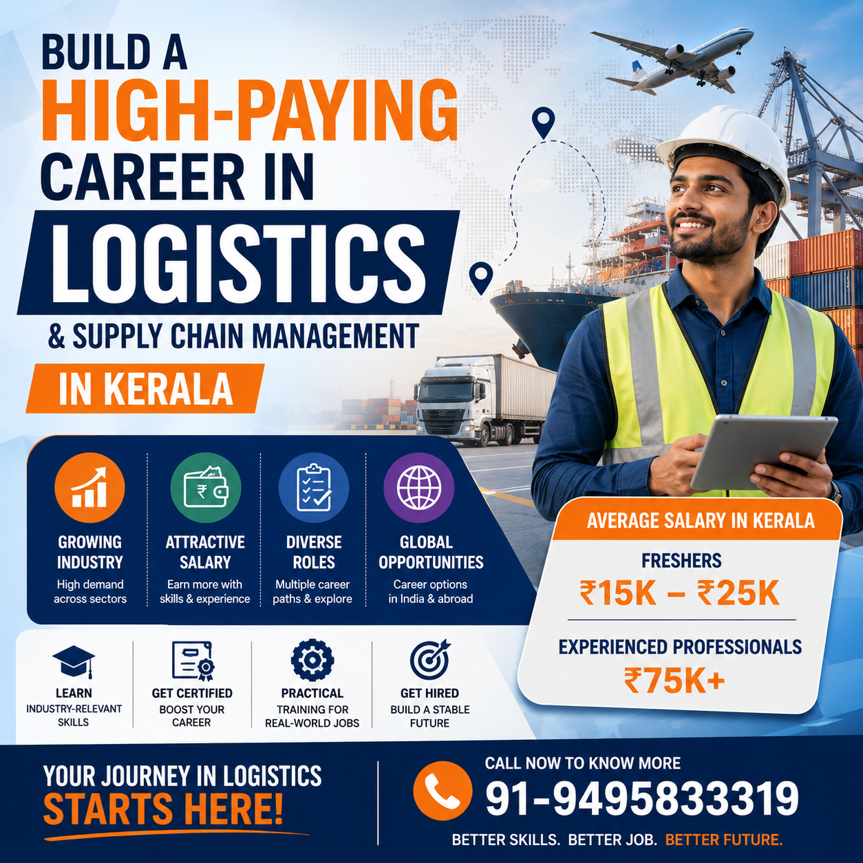 Creative logistics and supply chain management career poster in Kerala featuring warehouse, shipping, and supply chain concepts with salary growth information and contact number 91-9495833319.