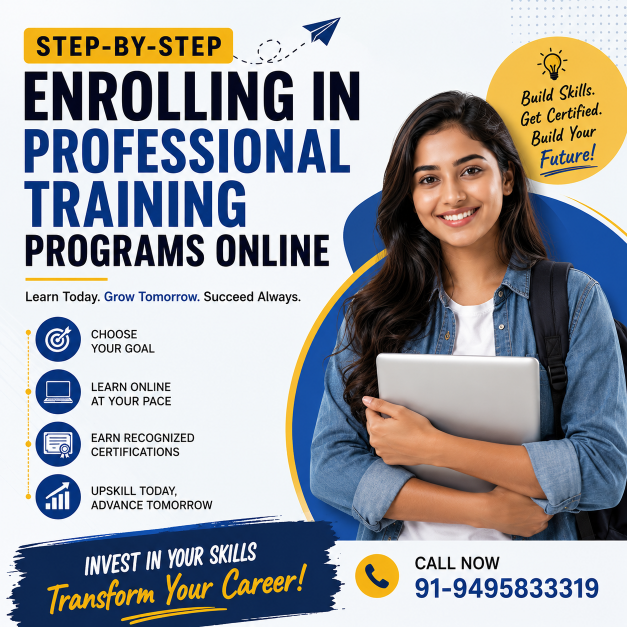 Student promoting a step-by-step guide to enrolling in professional training programs online with industry-recognized certification and career-focused learning.
