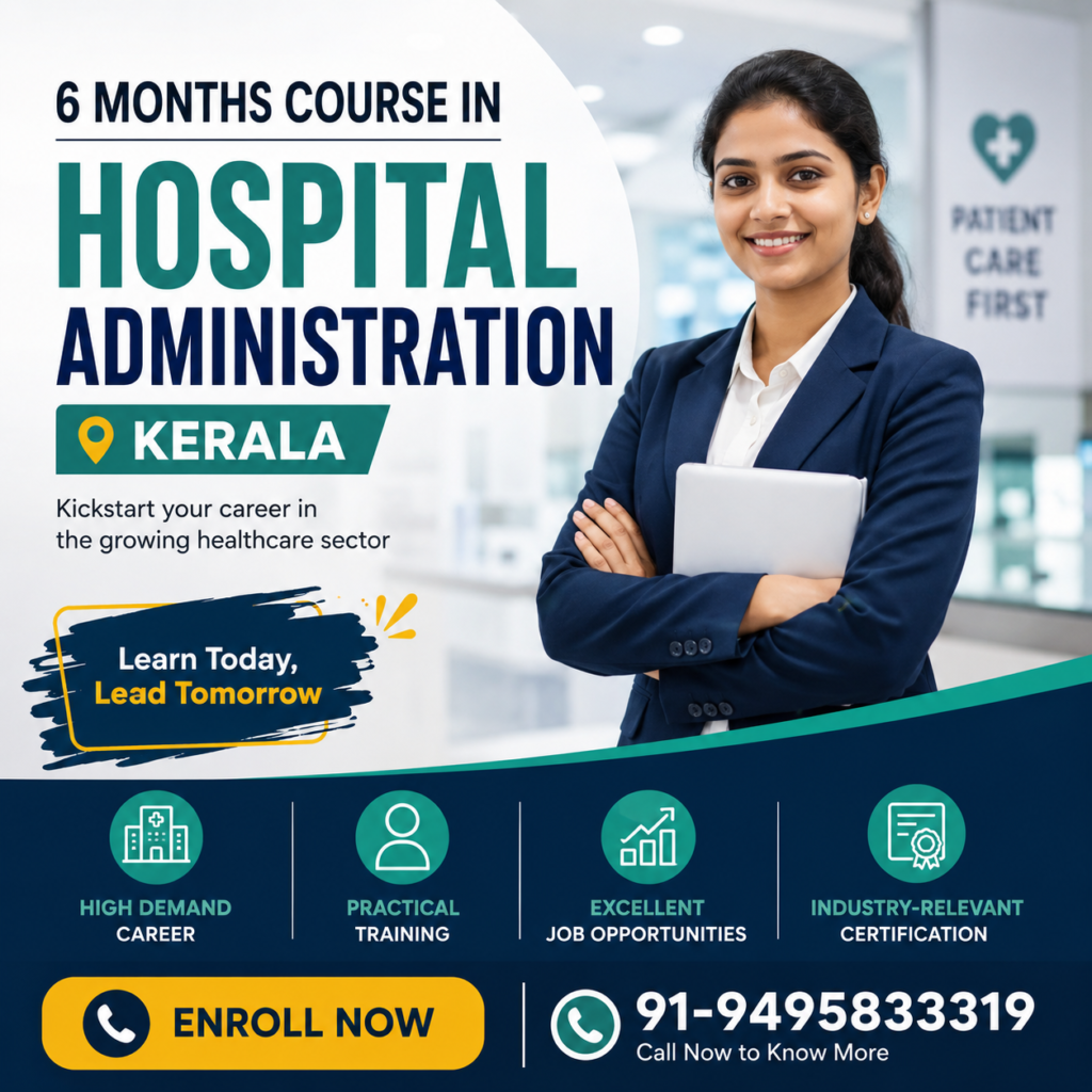 Creative promotional poster for a 6 months course in hospital administration Kerala featuring healthcare management career opportunities, modern hospital visuals, and contact number 91-9495833319.