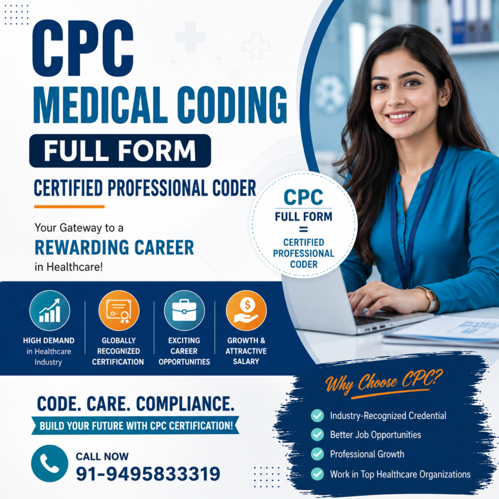 CPC Medical Coding Full Form poster highlighting Certified Professional Coder certification, medical coding career opportunities, CPC training