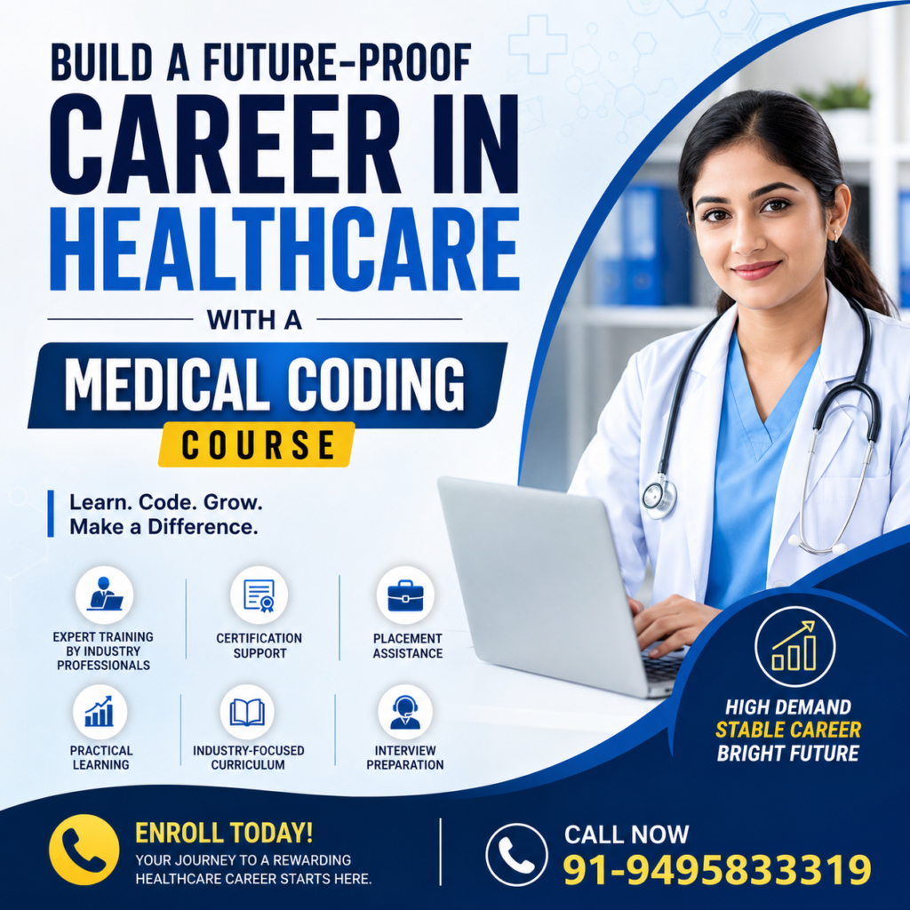 Medical Coding Course poster featuring healthcare career training, certification support, placement assistance, and industry-focused curriculum with contact number 91-9495833319.