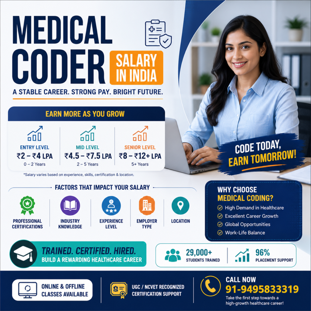 Medical Coder Salary in India poster highlighting entry-level, mid-level, and senior-level salary ranges, career growth opportunities, certification benefits, placement support, and medical coding training