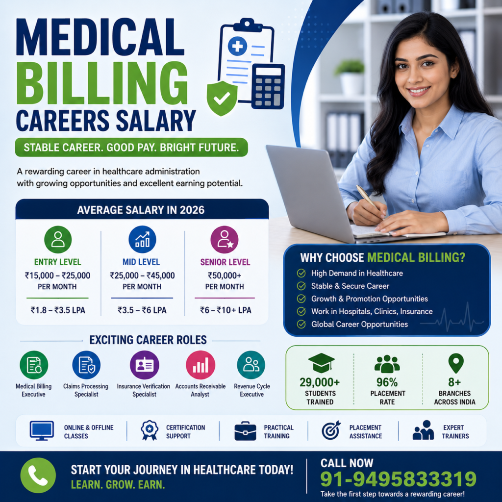 Medical Billing Careers Salary poster showcasing healthcare administration career opportunities, salary growth, certification support, placement assistance, and medical billing training with contact number 91-9495833319.