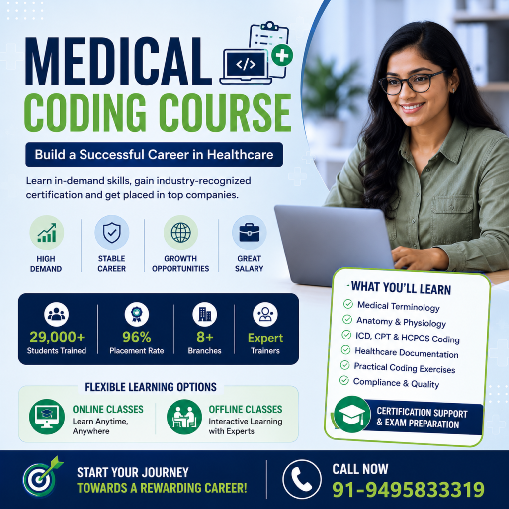 Medical Coding Course poster showcasing healthcare career training, certification support, online and offline classes, placement assistance, and industry-focused medical coding education with contact number 91-9495833319.